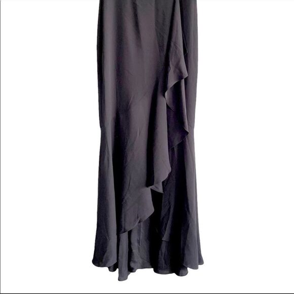 BCBGMAXAZRIA Cape Sleeve V-Neck Asymmetrical Ruffle Maxi Dress Gown Black 10 - Picture 4 of 6